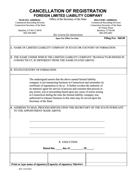 Cancellation Of Registration Form - Foreign Limited Liability Company - Connecticut Secretary Of State (With Instructions) Printable pdf