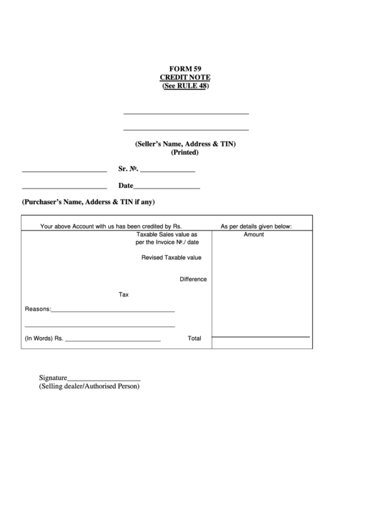Form 59 - Credit Note Printable pdf