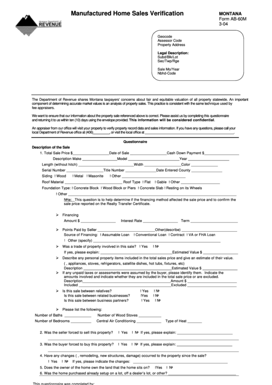 Fillable Montana Form Ab-60m - Manufactured Home Sales Verification Printable pdf