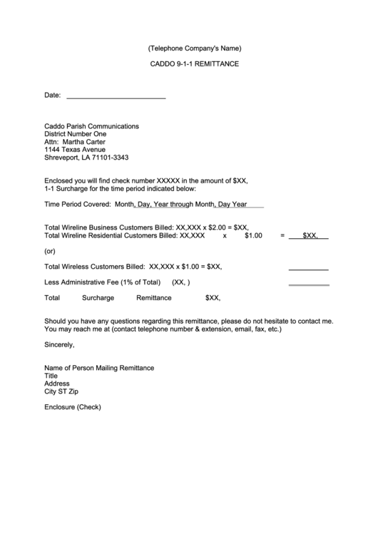 Caddo 9-1-1 Remittance Form Printable pdf