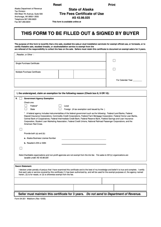 Fillable Form 04-201 - Tire Fees Certificate Of Use Printable pdf