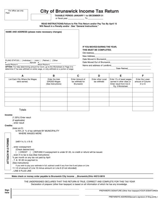 City Of Brunswick Income Tax Return Form Printable pdf