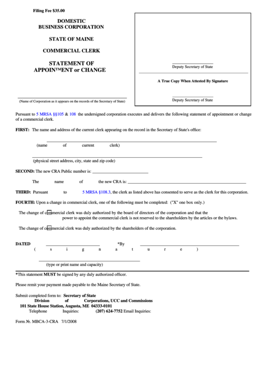 Fillable Form Mbca-3-Cra - Commercial Clerk Statement Of Appointment Or Change Printable pdf