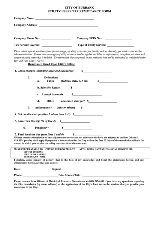 Utility Users Tax Remittance Form - City Of Burbank Printable pdf