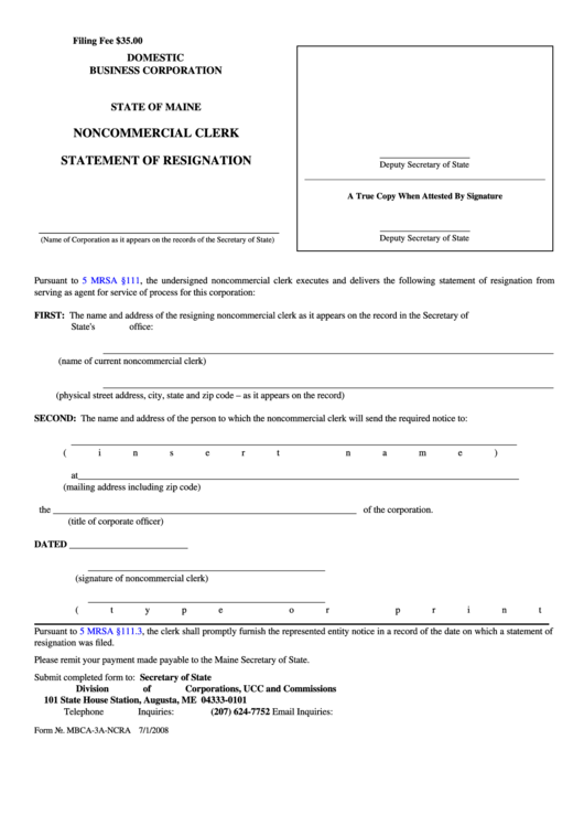 Fillable Form No. Mbca-3a-Ncra - Statement Of Resignation - Maine Secretary Of State, Filer Contact Cover Letter Printable pdf
