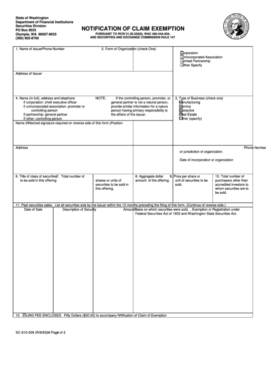 Fillable Form Sc-610-009 - Notification Of Claim Exemption Printable pdf