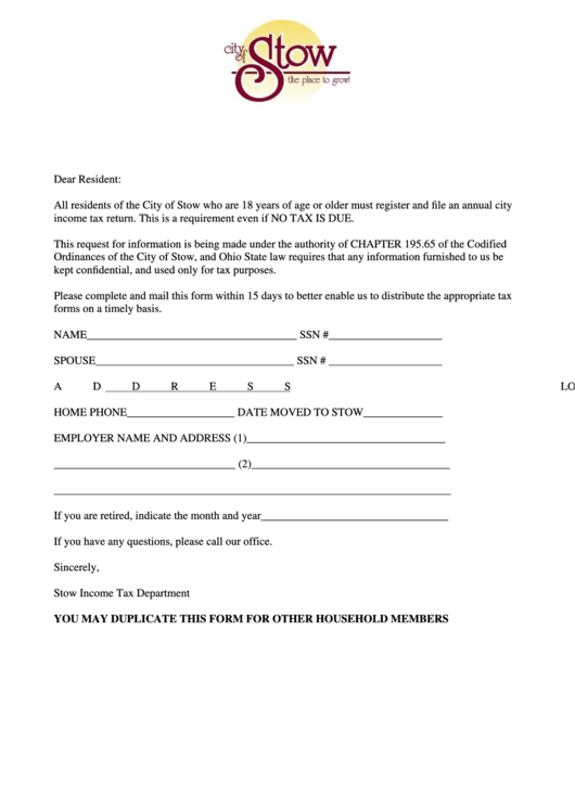 Income Tax Return Form - City Of Stow Printable pdf