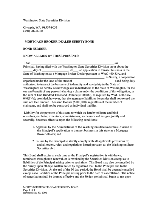 Mortgage Broker-Dealer Surety Bond Form - Washington State Securities Division Printable pdf