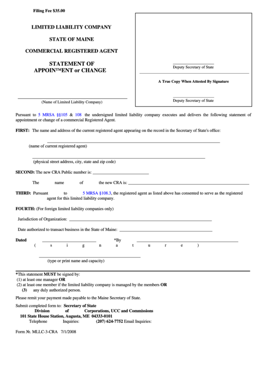 Fillable Form Mllc-3-Cra - Limited Liability Company Statement Of Appointment Or Change - 2008 Printable pdf