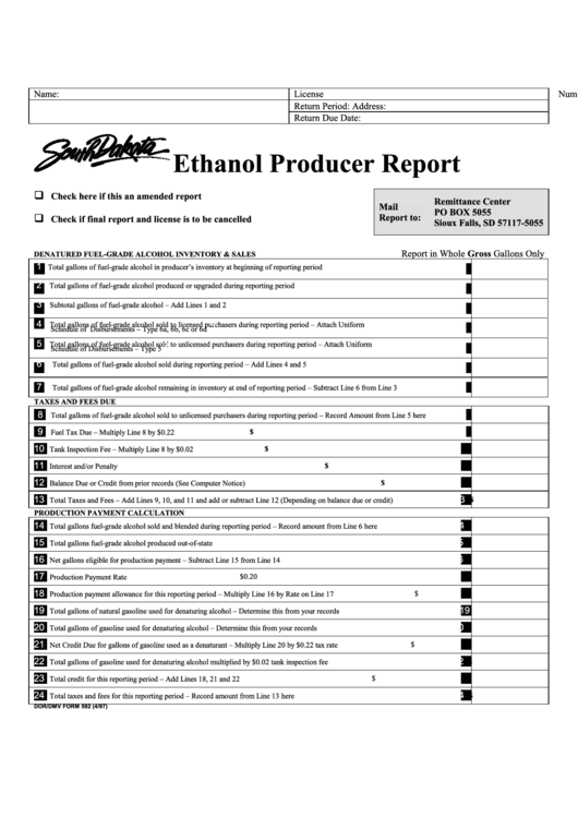 Ethanol Producer Report Form - South Dakota Printable pdf