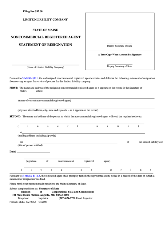 Fillable Form Mllc-3a-Ncra - Limited Liability Company Noncommercial Registered Agent - Statement Of Resignation - 2008 Printable pdf
