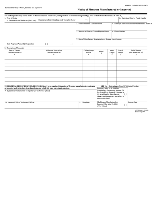 Fillable Atf E-Form 2 - Notice Of Firearms Manufactured Or Imported 2007 Printable pdf
