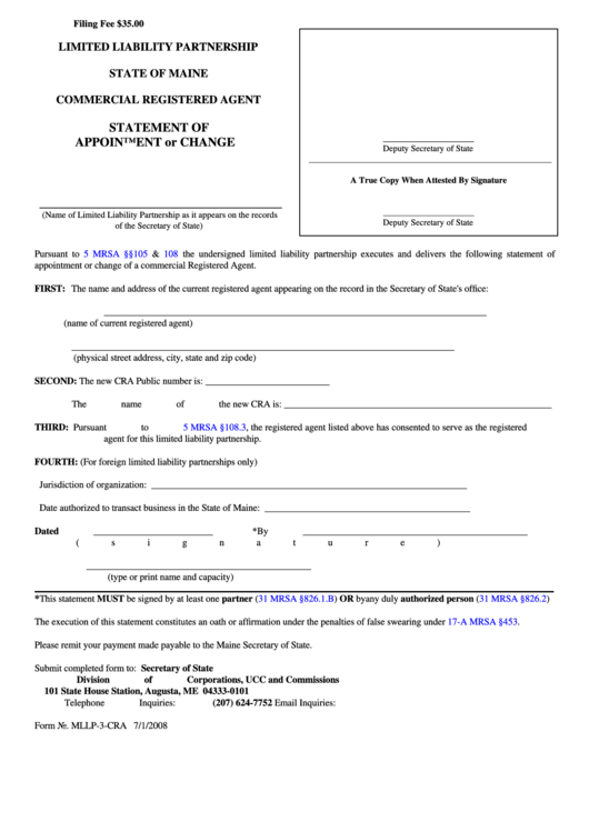 Fillable Form Mllp-3-Cra - Limited Liability Partnership Statement Commercial Registered Agent - Statement Of Appointment Or Change - 2008 Printable pdf