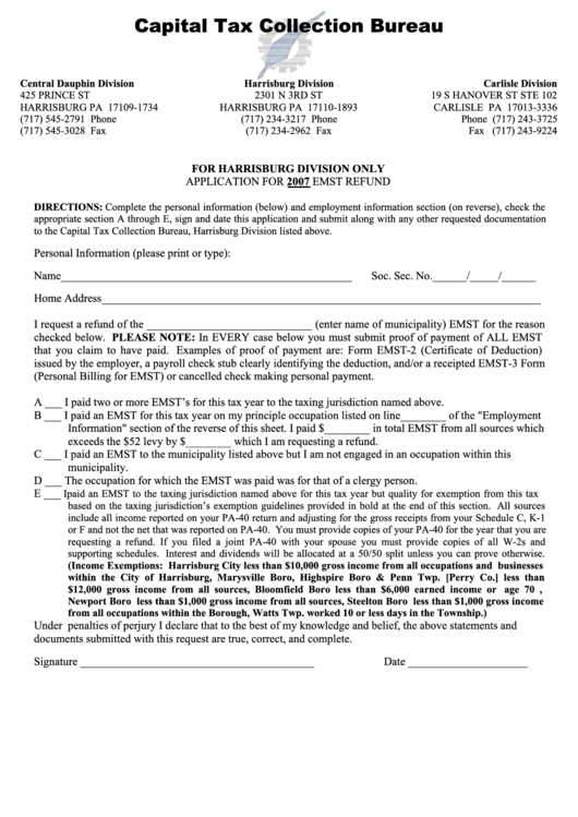 Application For 2007 Emst Refund Form - Capital Tax Collection Bureau Printable pdf