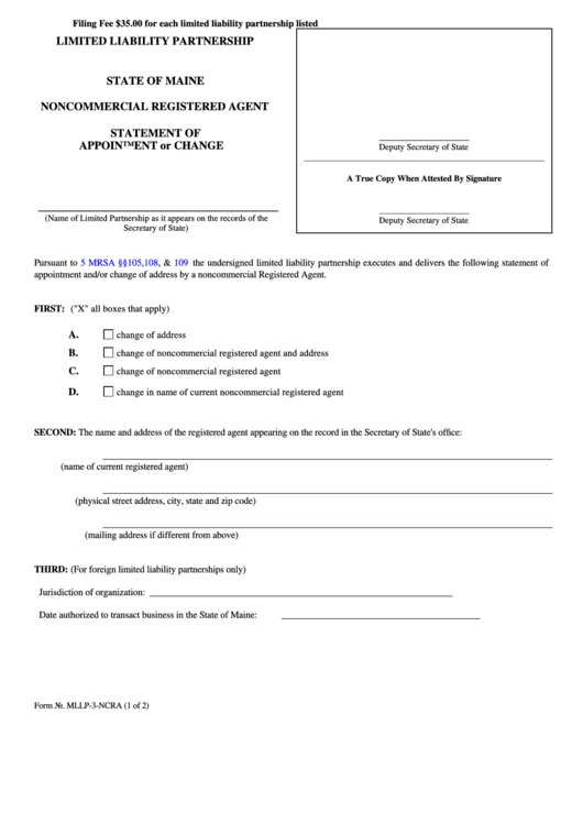 Fillable Form Mllp-3-Ncra - Limited Liability Partnership Noncommercial Registered Agent - Statement Of Appointment Or Change - 2008 Printable pdf