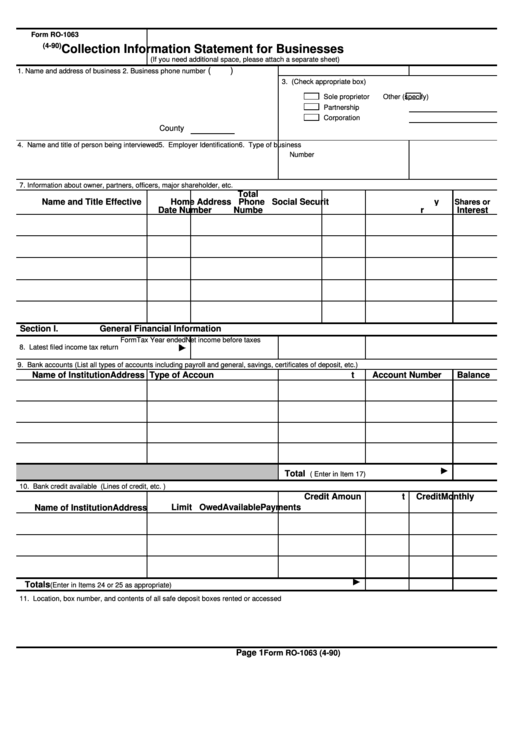 Form Ro-1063 - Collection Information Statement For Businesses Printable pdf