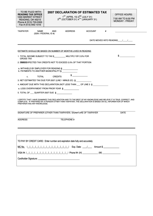 2007 Declaration Of Estimated Tax - Ohio Printable pdf