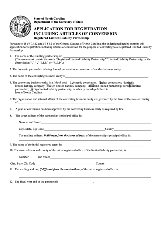 Fillable Form Llp-O1a - Application For Registration Including Articles Of Conversion - North Carolina Secretary Of State Printable pdf