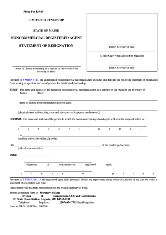 Fillable Form Mlpa-3a-Ncra - Limited Partnership Noncommercial Registered Agent - Statement Of Resignation - 2008 Printable pdf