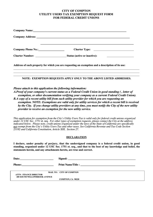 Utility Users Tax Exemption Request Form For Federal Credit Unions Compton - City Of Compton Printable pdf