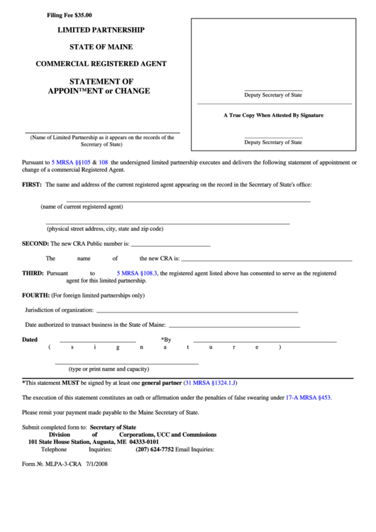 Fillable Form Mlpa-3-Cra - Limited Partnership Commercial Registered Agent - Statement Of Appointment Or Change - 2008 Printable pdf