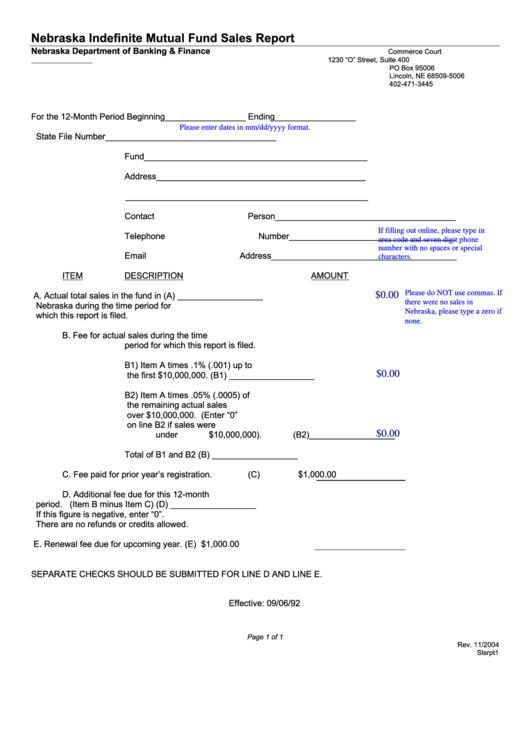Fillable Nebraska Indefinite Mutual Fund Sales Report Form - Department Of Banking & Finance Printable pdf