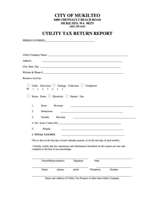 Utility Tax Return Report Form Mukilteo Washington Printable pdf