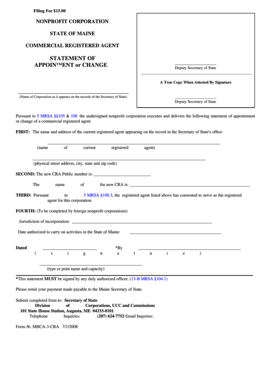Fillable Form Mbca-3-Cra - Nonprofit Corporation Commercial Registered Agent - Statement Of Appointment Or Change - 2008 Printable pdf