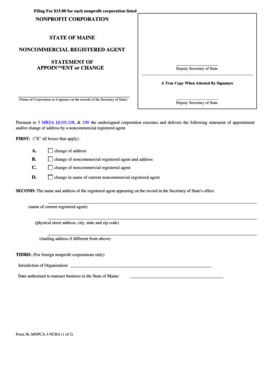 Fillable Form Mnpca-3-Ncra - Nonprofit Corporation Noncommercial Registered Agent - Statement Of Appointment Or Change - 2008 Printable pdf