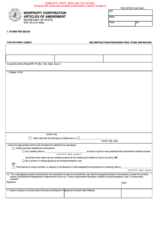 Fillable Sfn 13012 - Nonprofit Corporation Articles Of Amendment Form - North Dakota Secretary Of State Printable pdf