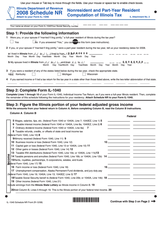 Fillable Form Il-1040 - Schedule Nr - Nonresident And Part-Year Resident Computation Of Illinois Tax - 2008 Printable pdf