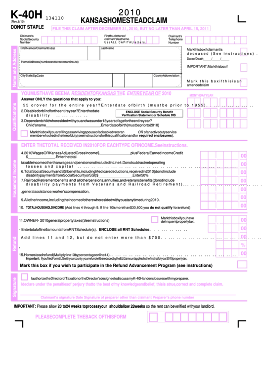 Form K-40h - Kansas Homestead Claim - 2010 Printable pdf