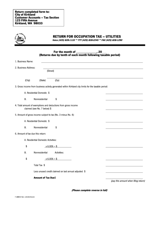 Return For Occupation Tax - Utilities Form - Washington Printable pdf