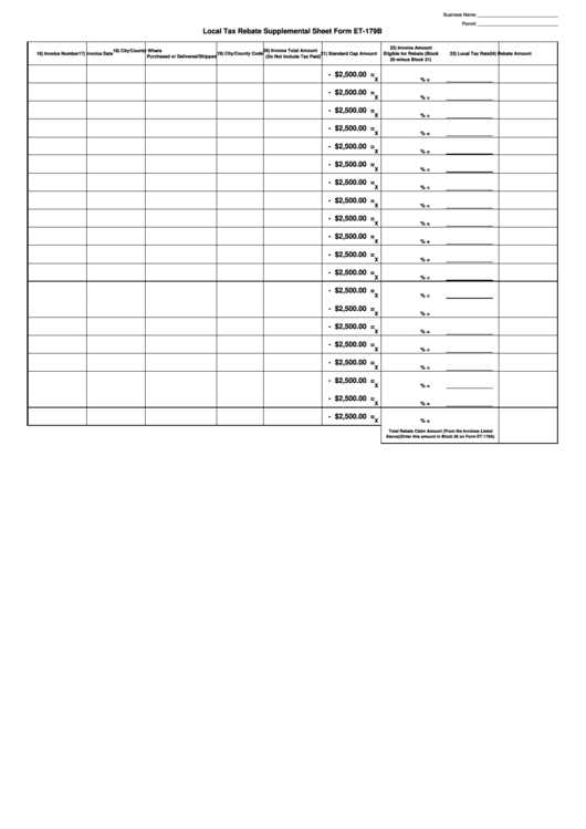 Fillable Form Et-179b - Local Tax Rebate Supplemental Sheet Printable pdf