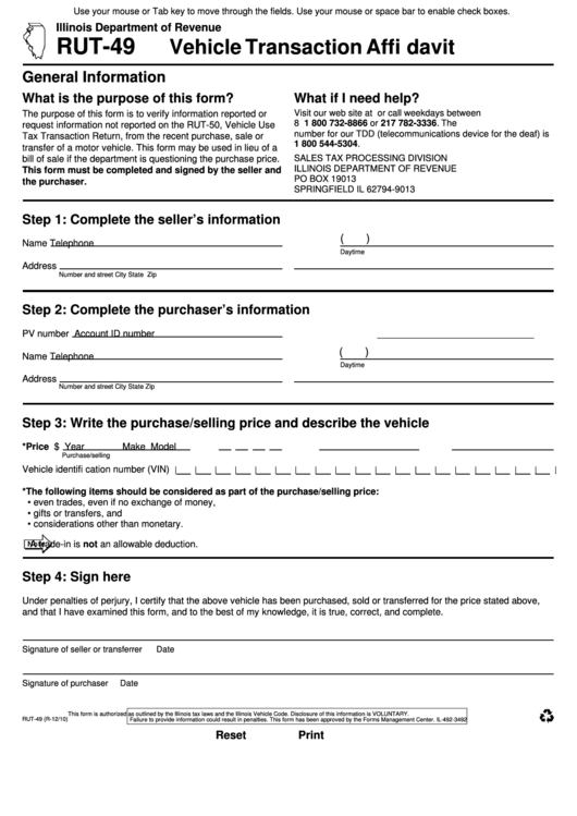 Fillable Form Rut-49 - Vehicle Transaction Affidavit - 2010 Printable pdf