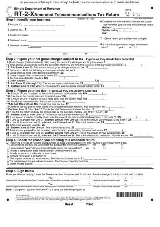 Fillable Form Rt-2-X - Amended Telecommunications Tax Return - 2010 Printable pdf