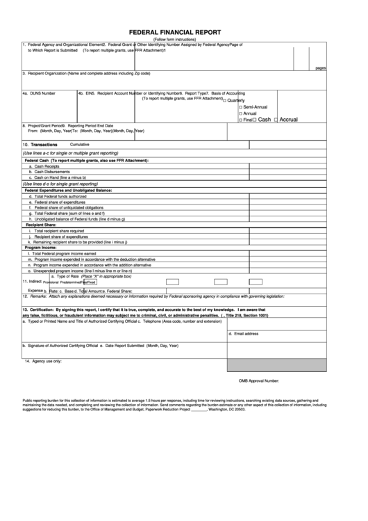 Federal Financial Report Form With Ffr Attachment Printable pdf