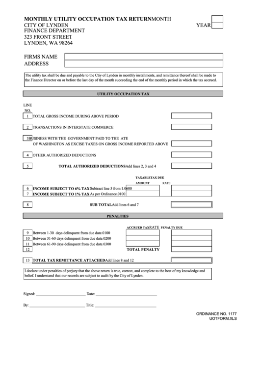 Monthly Utility Occupation Tax Return Form Lynden Washington Printable pdf