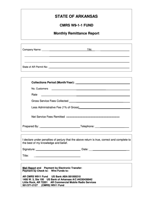 Cmrs W9-1-1 Fund - Monthly Remittance Report Template Printable pdf