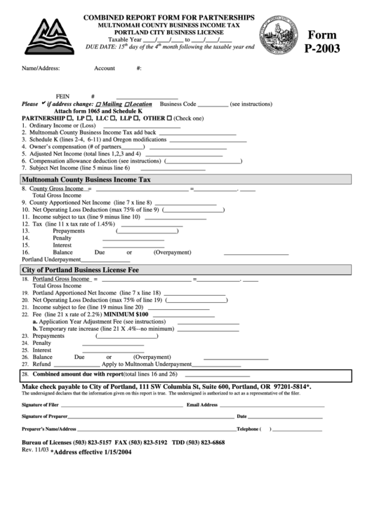 Form P-2003 - Combined Report Form For Partnerships - 2003 Printable pdf