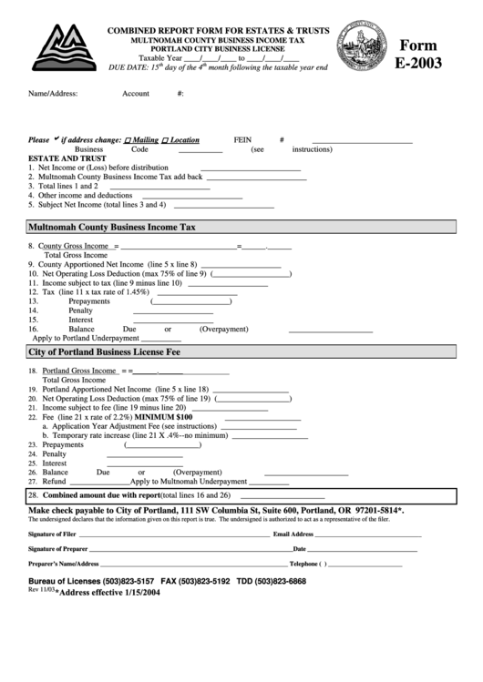 Form E-2003 - Combined Report Form For Estates & Trusts Printable pdf