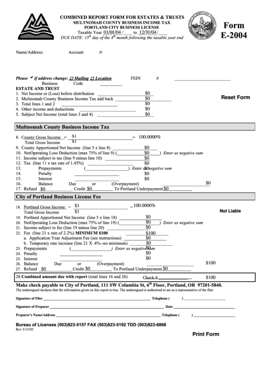 Fillable Form E-2004 - Combined Report Form For Estates & Trusts Printable pdf