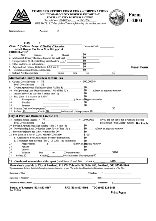 Fillable Form C-2004 - Combined Report Form For C-Corporations Printable pdf