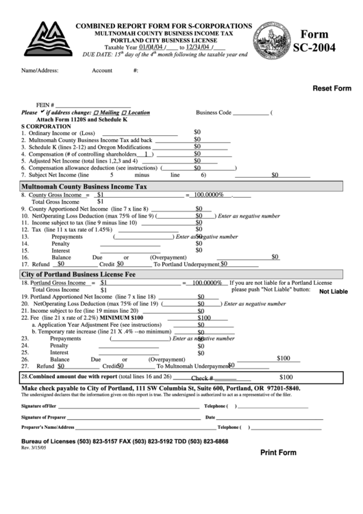 Fillable Form Sc-2004 - Combined Report Form For S-Corporations Printable pdf