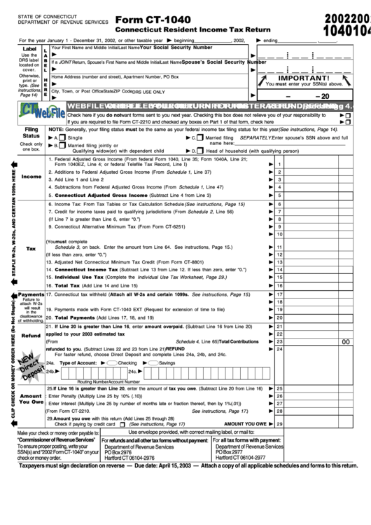 Form Ct1040 Connecticut Resident Tax Return 2002 printable