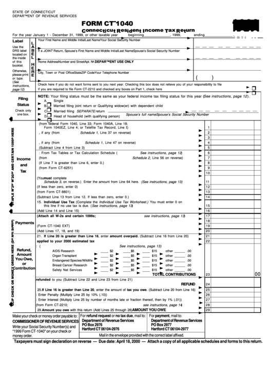 Form Ct-1040 - Connecticut Resident Income Tax Return 1999 Printable pdf