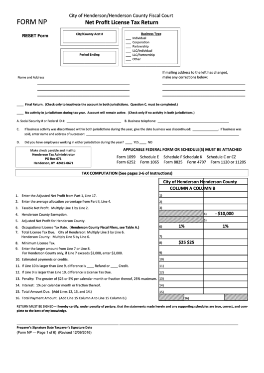 Fillable Form Np - Net Profit License Tax Return - City Of Henderson Printable pdf