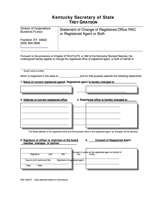 Fillable Form Rac - Statement Of Change Of Registered Office Or Registered Agent Or Both Printable pdf