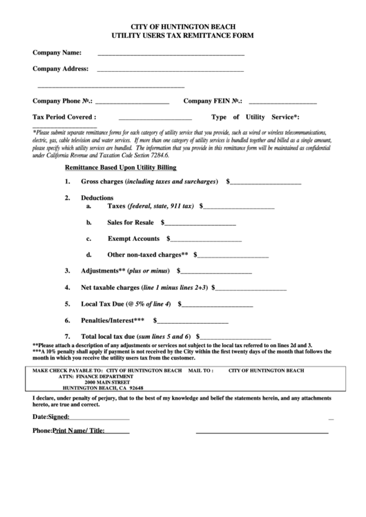 Utility Users Tax Remittance Form - City Of Huntington Beach Printable pdf