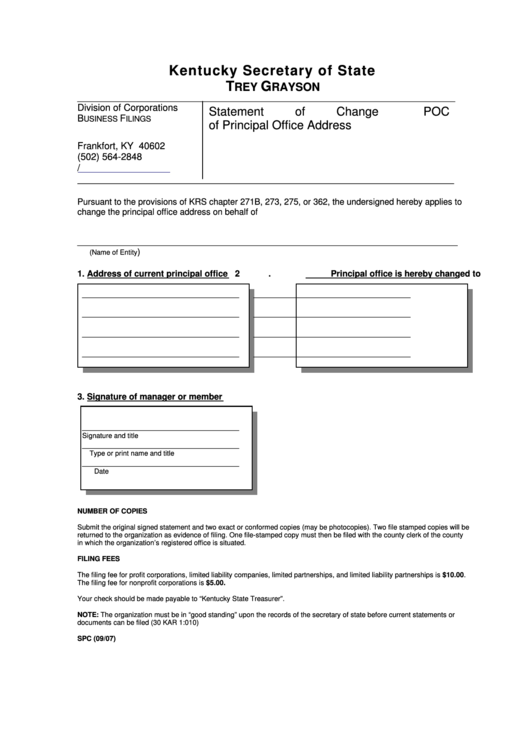 Fillable Statement Of Change Of Principal Office Address Form - Kentucky Secretary Of State Printable pdf